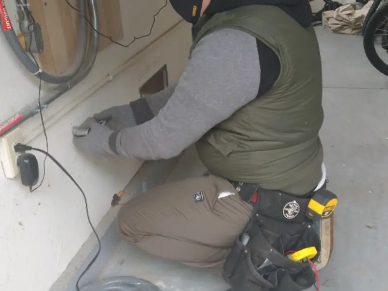 Electrician performing outlet wiring in a Upper Providence garage